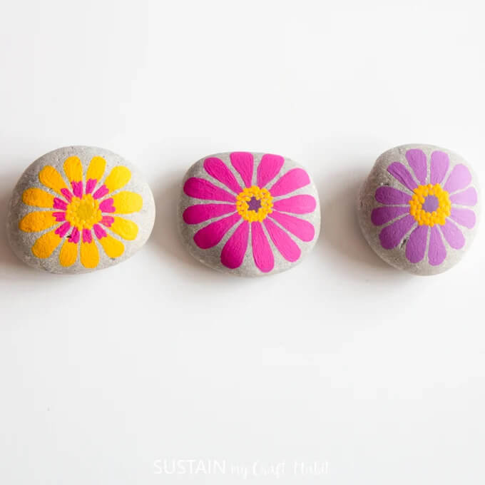 Hand Made Zinnia Flower Rock Painting IdeasEasy Flower Painted Rock Ideas For Kids