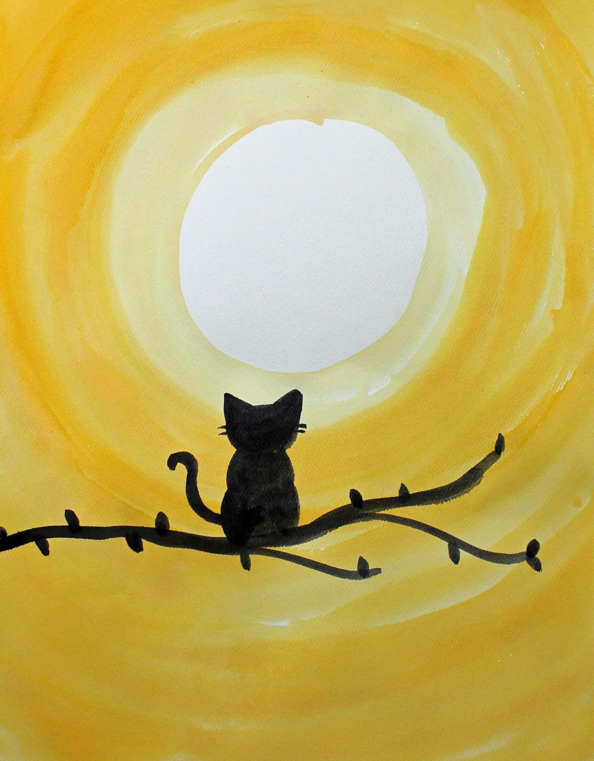 Handmade Adorable Cat & Sunset Painting For KidsSilhouette painting with watercolors