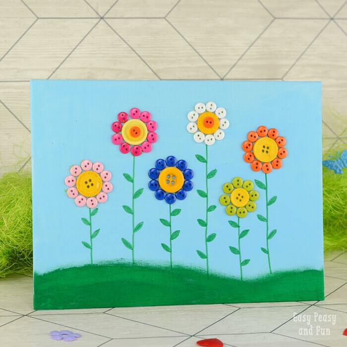 Handmade Button Flowers Craft On CanvasButton Canvas Art and Craft For Kids