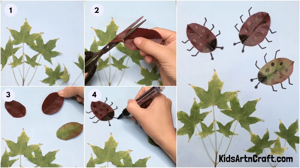 Ladybug Art & Craft Using Leaves - Step by Step Tutorial - Kids Art & Craft