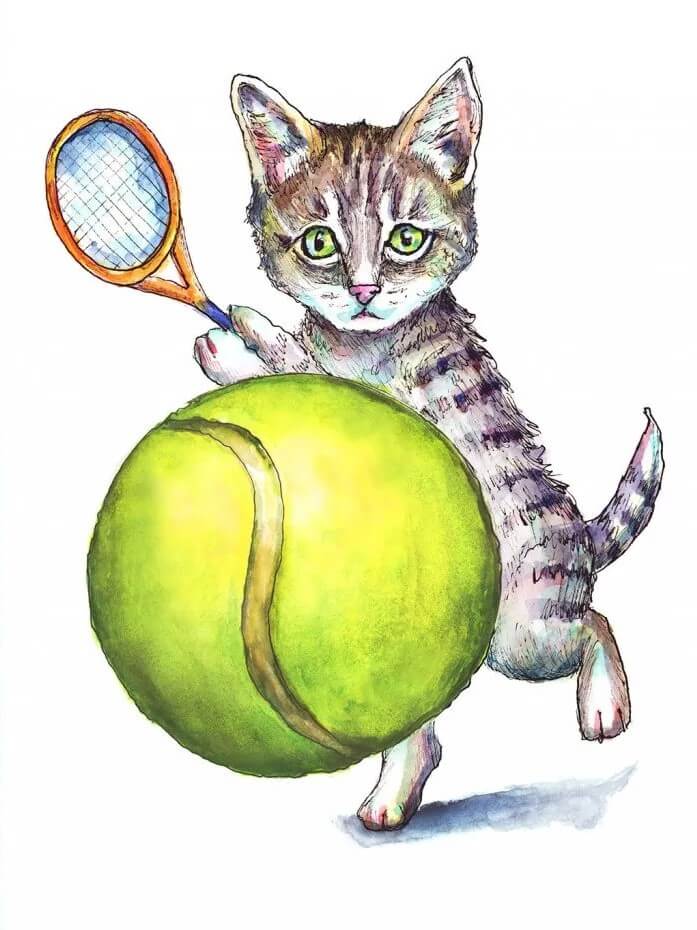 Lovely Watercolor Painting Of A Cat With Tennis BallPainting Balls With Watercolor 