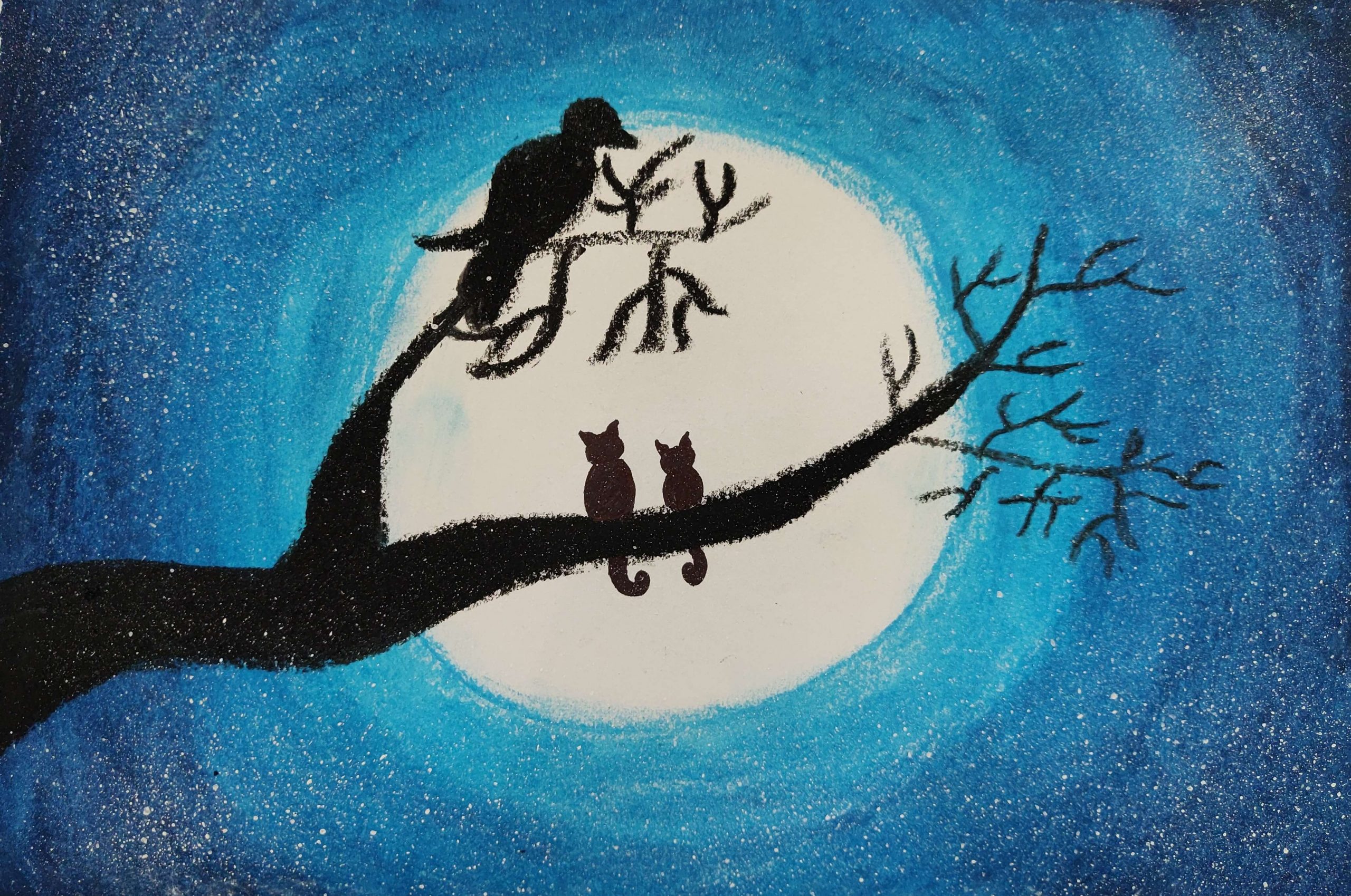 Pretty Birds At Night Painting For School Kids