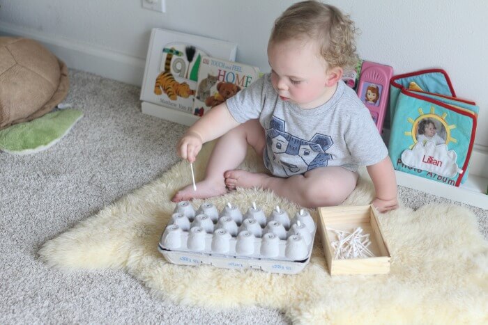 Q-tip Push Game Activity On Egg Carton For 1-Year-Olds
