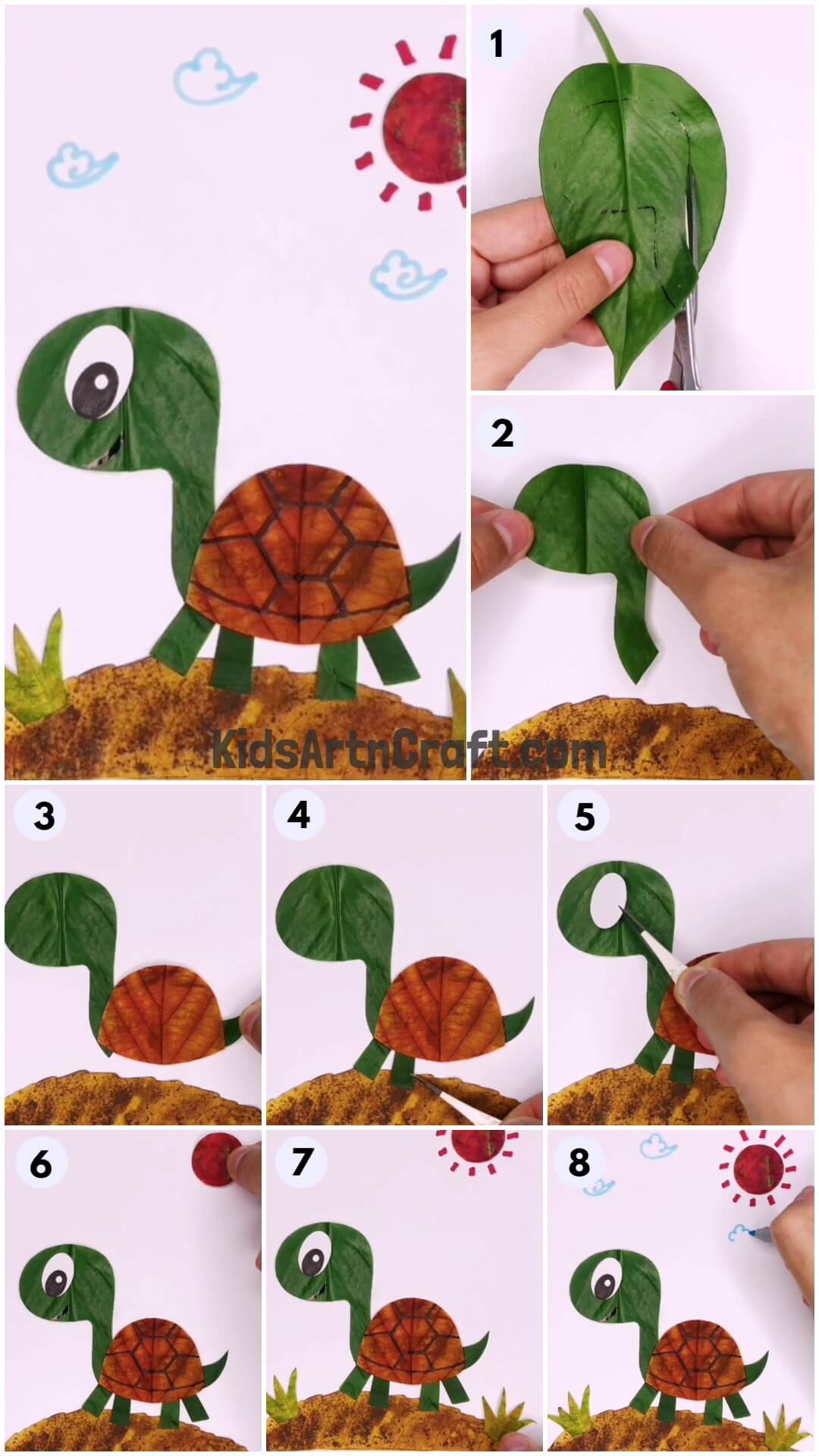 Recycled Turtle Craft With Sun Using Leaves
