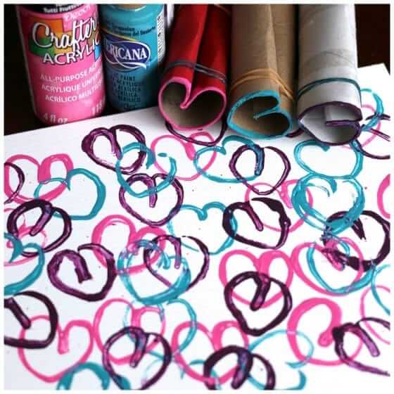 Simple Heart Stamping Art Idea For Preschoolers With Paper Towel Rolls