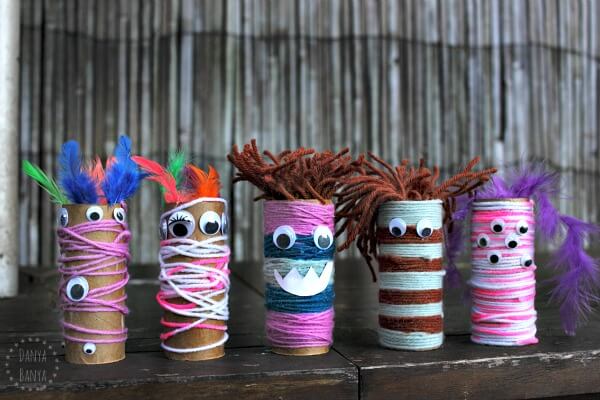 Spooky Toilet Paper Roll & Yarn Wrapped Up Monsters Craft For Kids