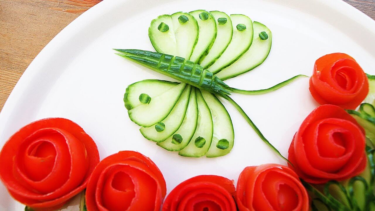 Vegetable Cucumber Butterfly Decoration Art Idea For Salad CompetitionVegetable decoration ideas