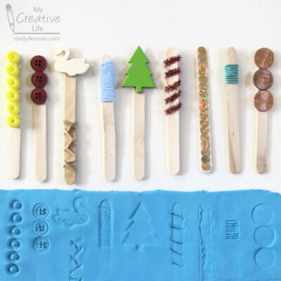 Very Simple Playdough Texture Tools Art Idea For Preschoolers Using Craft Sticks Button Art &amp; Craft Ideas For Kids