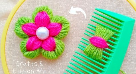 Quick And Easy Double Shade Woolen Thread Flower Craft Using Comb