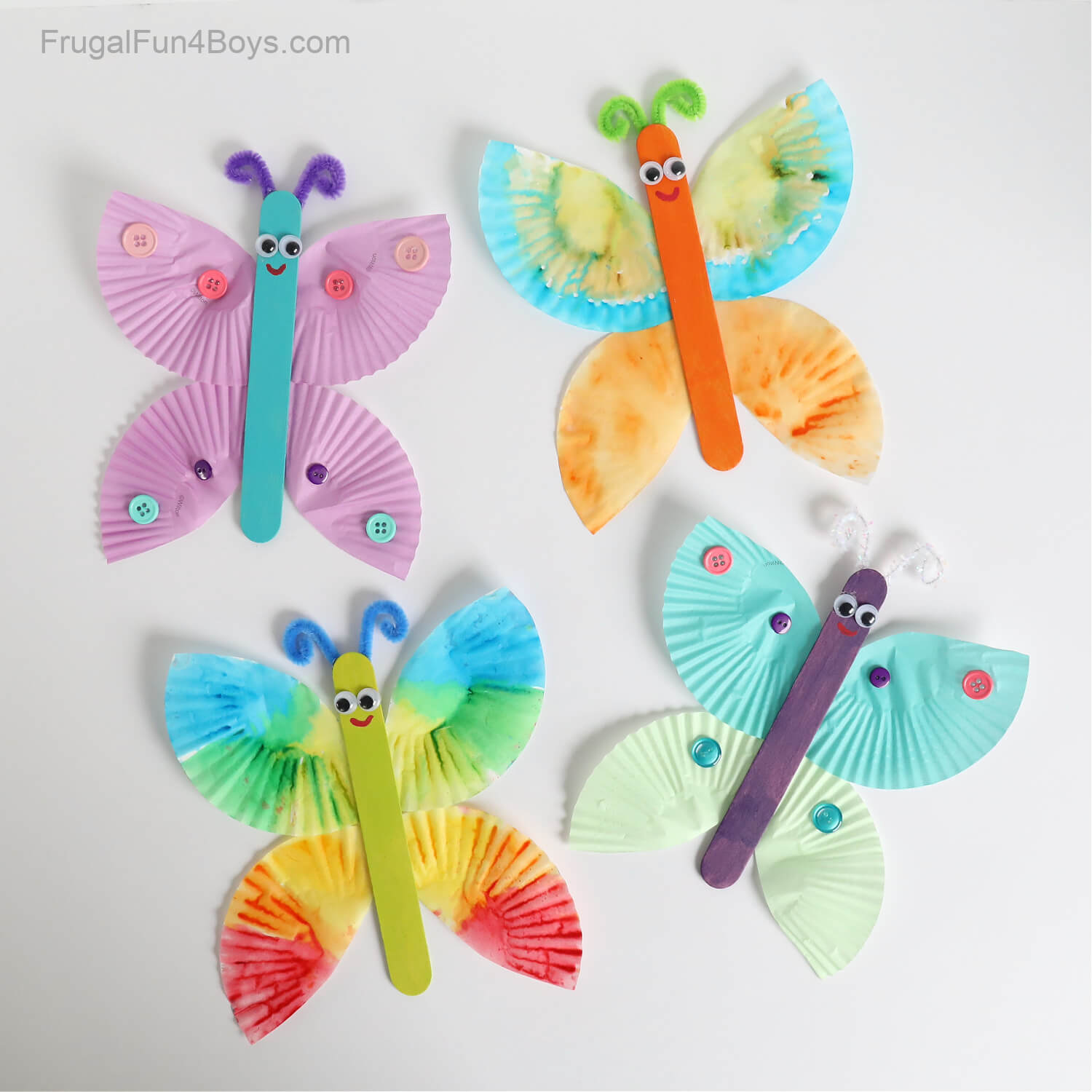 Cupcake Liners Butterflies Craft Using Popsicle Sticks, Buttons & Pipe Cleaners