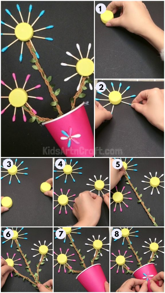 Paper Cup Flower Craft Using Cotton Swab & Bottle Cap - Kids Art & Craft