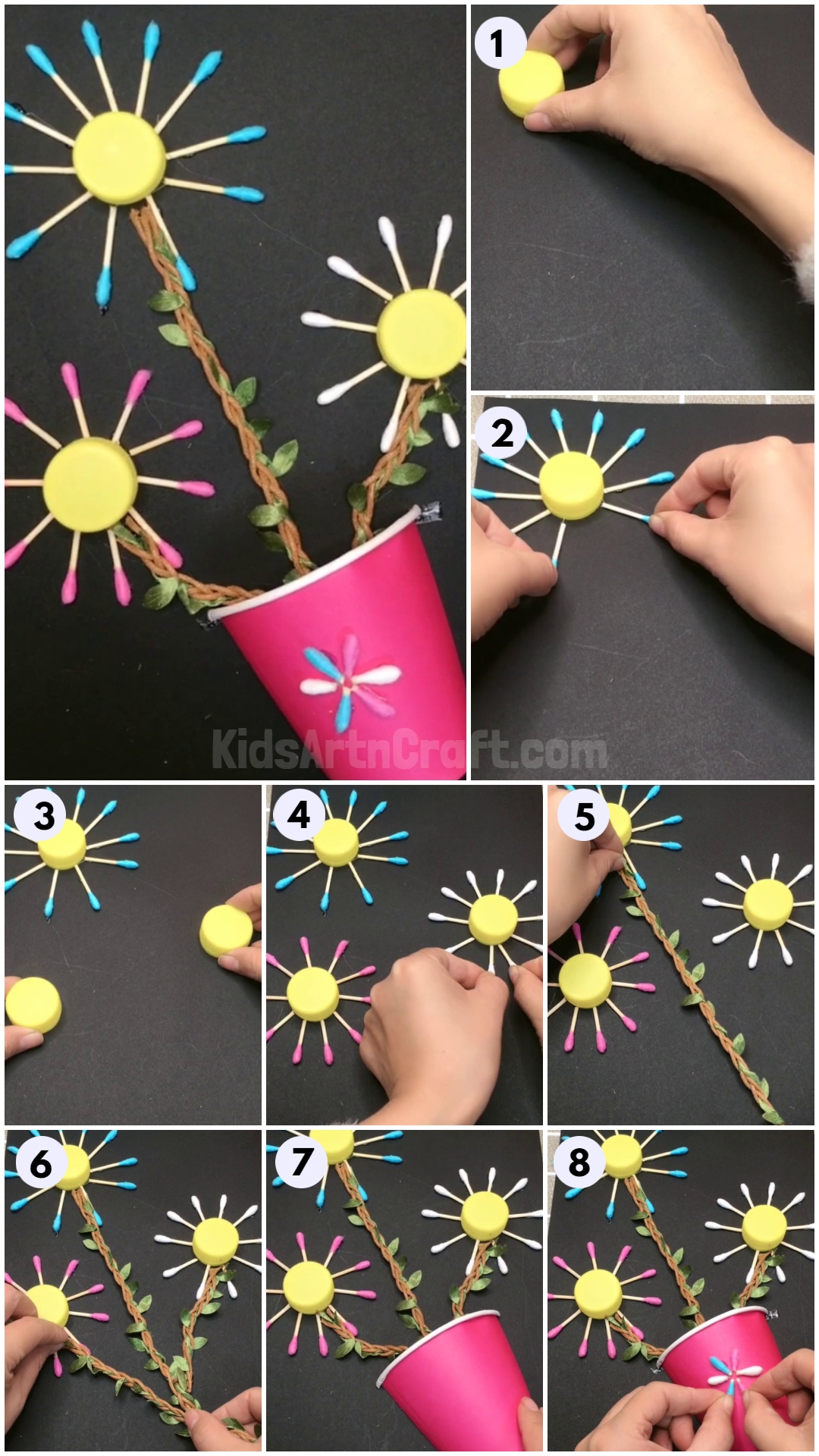 Paper Cup Flower Craft Using Cotton Swab & Bottle Cap