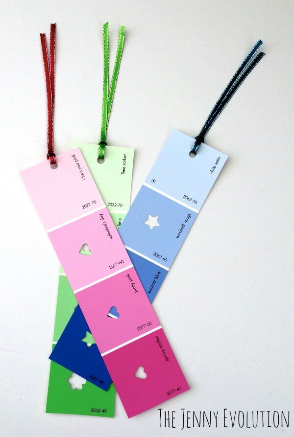 Upcycled Paint Chip Bookmarks Craft With Ribbons