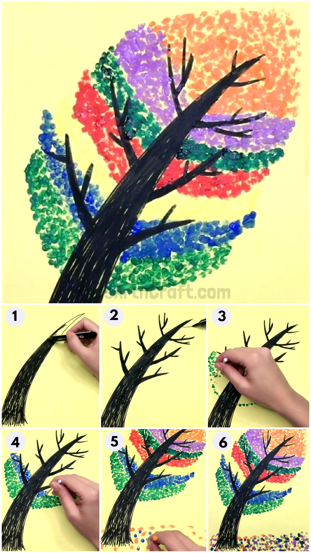 Painting Trees with Cotton Swabs Easily for Children - Easy Cotton Swab Tree Painting For Kids