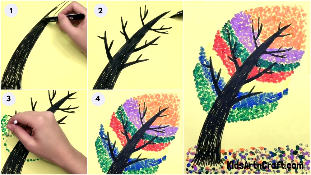 Easy Cotton Swab Tree Painting For Kids - Step by Step Instructions