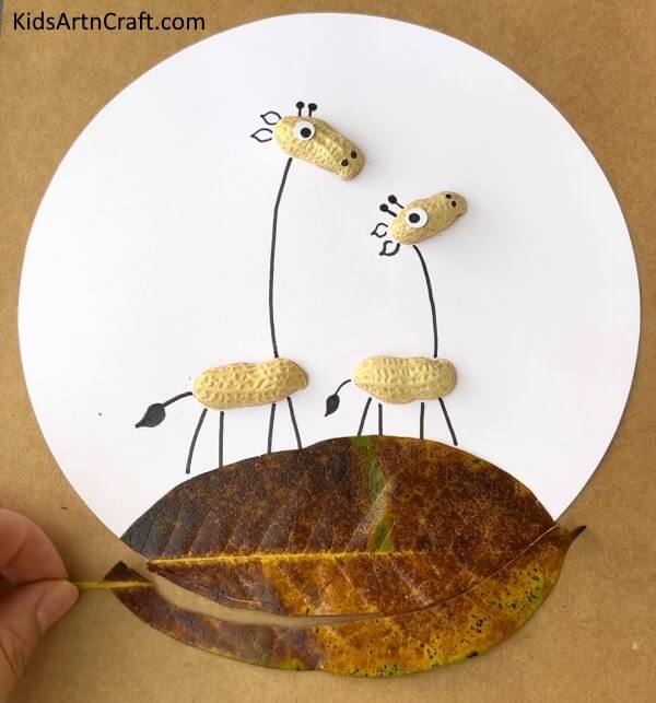 Making Giraffe Art and Craft with Recycled Fall Leaves and Peanut Shells - Giraffe Art and Craft