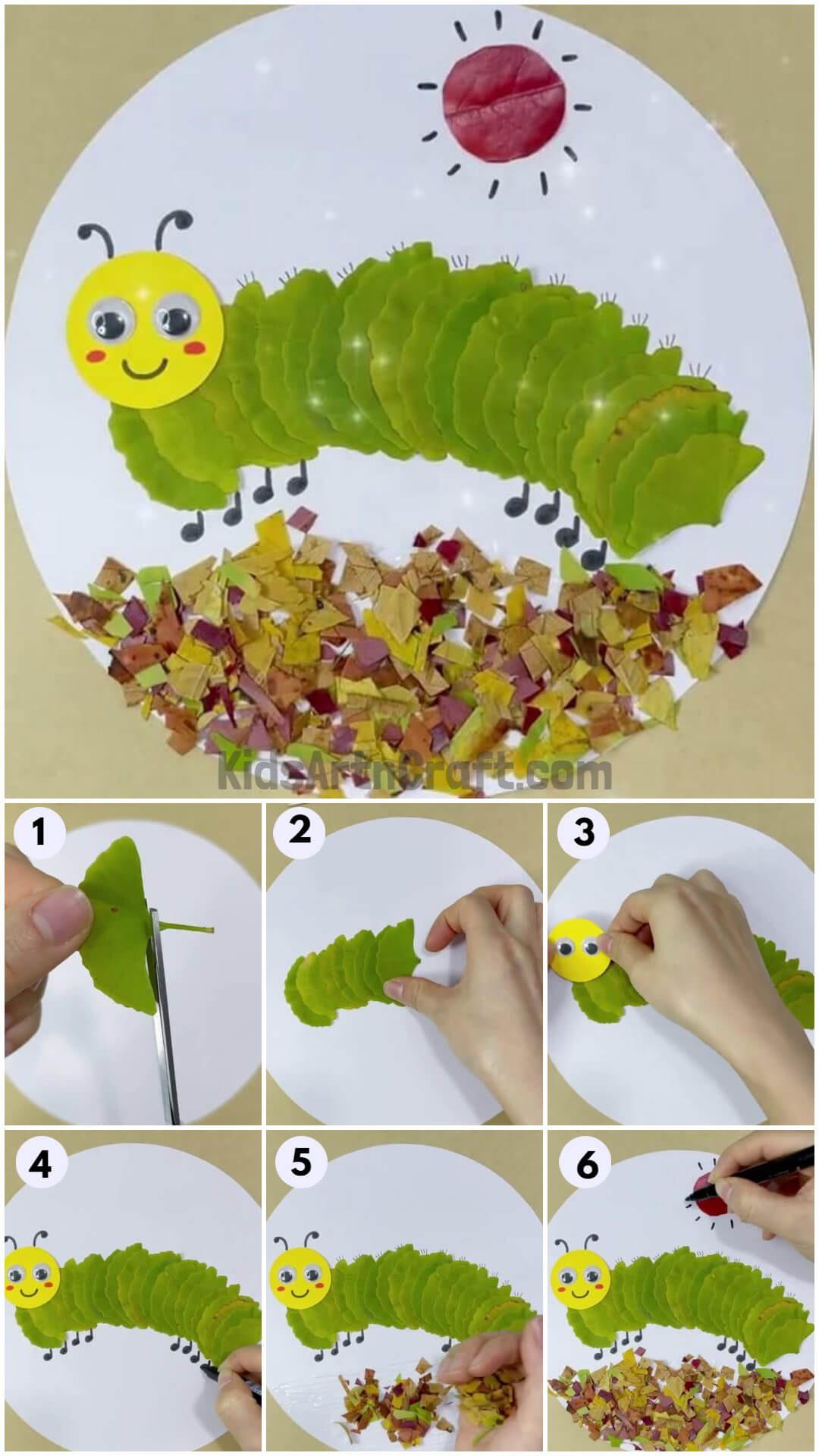 Lovely Caterpillar And Sun Craft With Leaves, Paper, And Googly Eyes