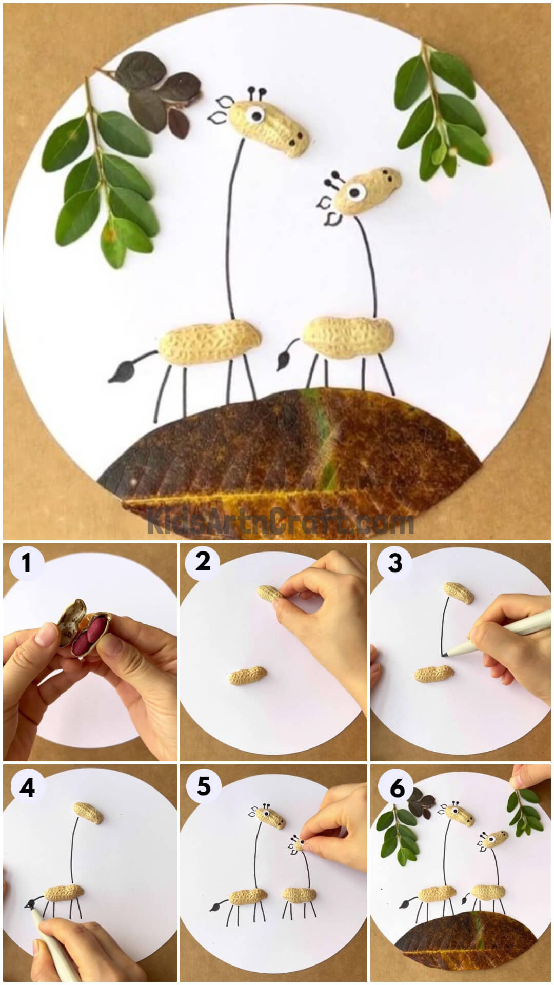 Recycled Giraffe Art and Craft Using Fall Leaves and Peanut Shells