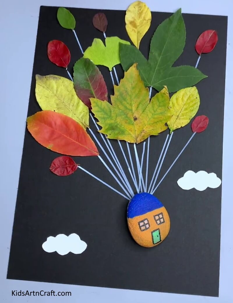 Flying House Craft Using Leaf And Pebble Is Done! - Hand-crafted Flying Home Art Made Of Autumn Leaves