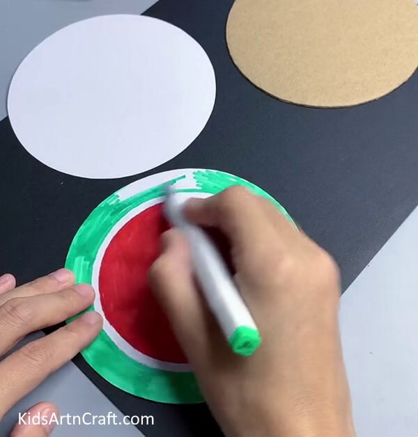 Coloring Circle as Watermelon - Cute Paper Watermelon Art Project For Kindergarteners