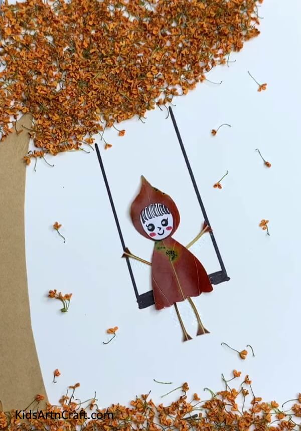 Pasting Dried Leaves - Guide to Making a Girl Swinging on a Tree Leaf for Kids