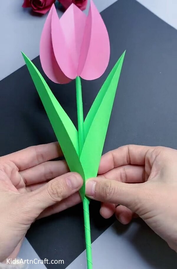 Pasting Tulip Green Leaves - Making a Tulip With Paper - A Fun Pastime for Children 