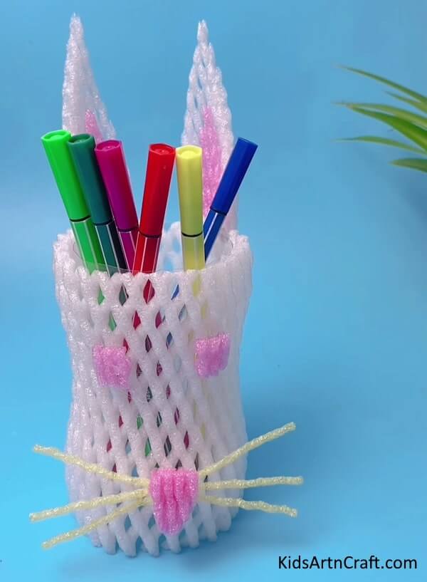 Cute White Bunny Pen Stand Craft Using Foam Net - Utilizing Foam to Create Crafts for Children