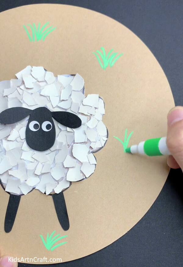 Drawing Grass On The Cardboard- Putting Together Sheep Using Recycled EggShells 