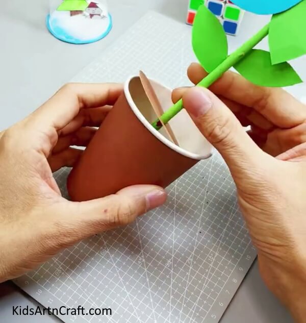 Putting The Stem Inside The Paper Cup - Creating a straightforward and cheerful paper flower is a fun project for kids.