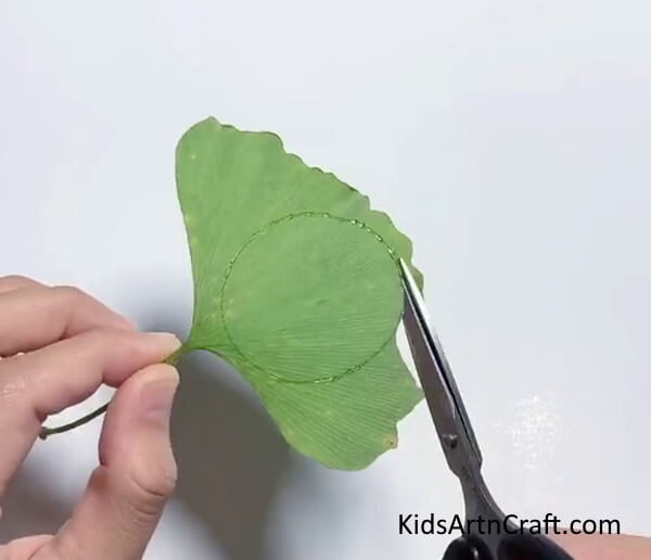 Cutting Circle Out Of Leaf - An At-Home Caterpillar Craft Using Vivid Leaves