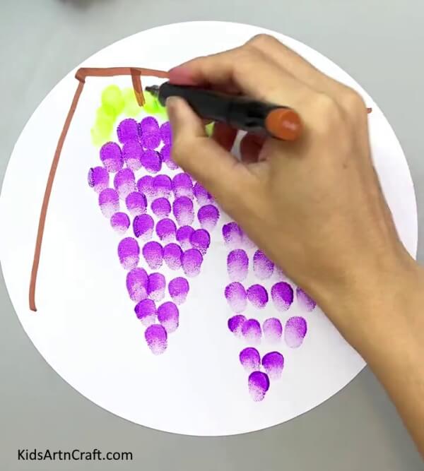 Drawing Stem Using A Brown Marker - Creating Fingerprint Artwork In The Shape Of Grapes For Children