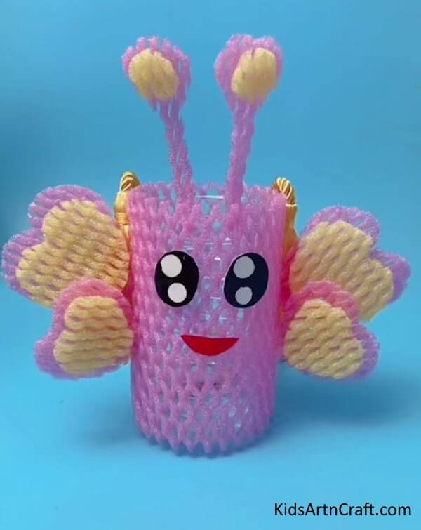 Pink Butterfly Vase Craft Using Foam Net - Self-Made Crafts Employing Foam For Children 