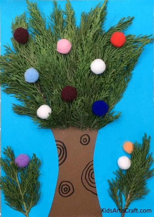 Tree With Christmas Tree Leaves And Pom Poms - Crafting With Leaves - Easy Peasy