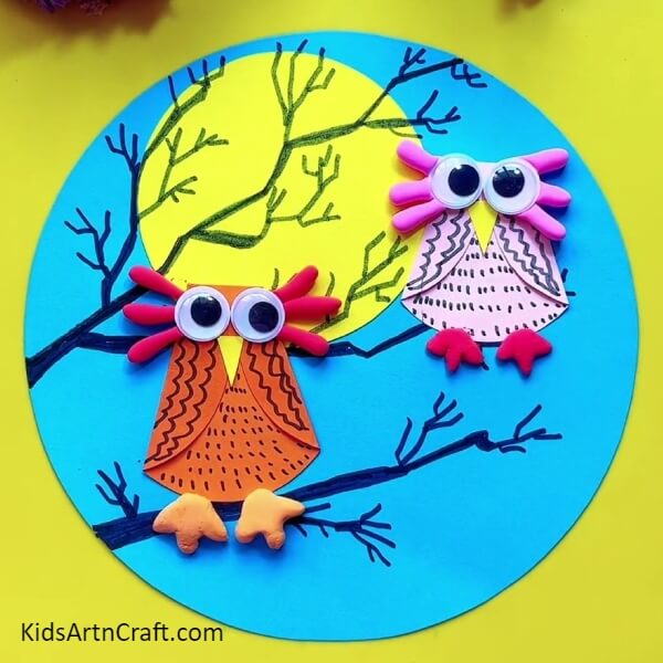 Finally, Two Lovely Little Owls-A how-to guide for first-timers to generate owls from art supplies on a tree 