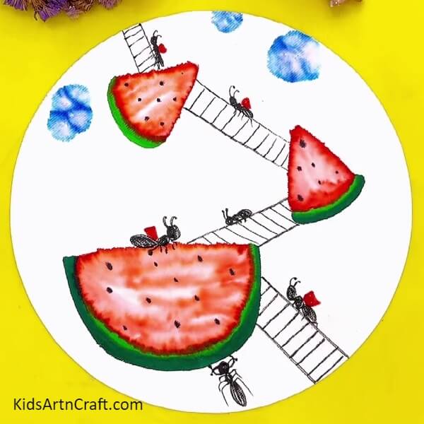 Finally, Making The Final Blue Circle-Ants Taking Watermelon Creative Painting Ideas For Beginners-