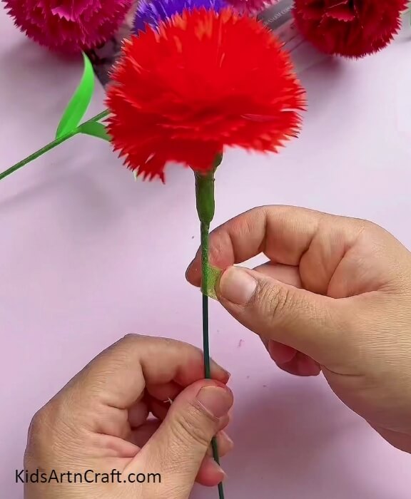 Roll Green Ribbon All Over the Stem- Step-By-Step Instructions on Crafting Pretty Carnation Paper Blooms for Learners 