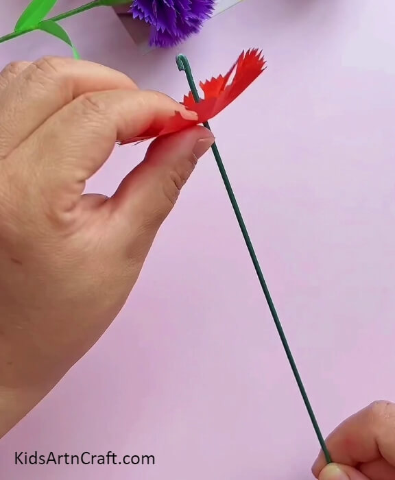 Insert Red Petal in Green Paper Clip-- Step-By-Step Instructions for Making Attractive Carnation Paper Blooms for Newcomers 