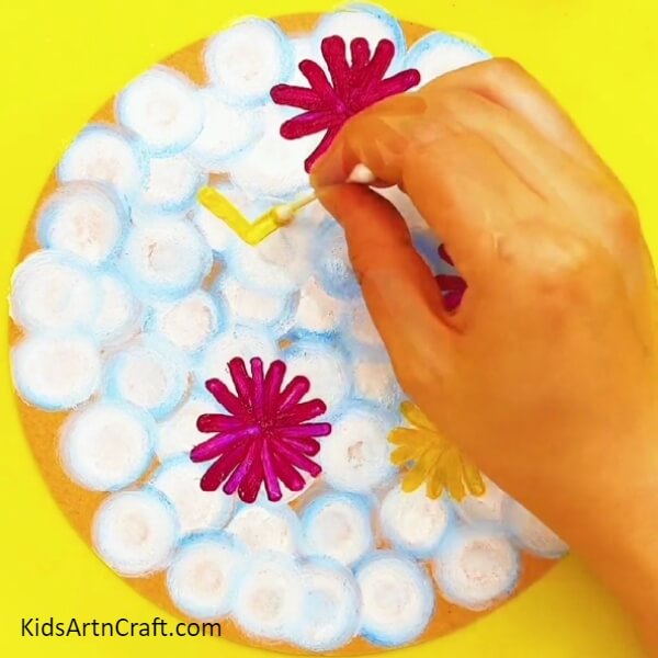 Paint Yellow Flowers On The Cotton Bud With The Help Of Yellow Acrylic Paint And Cotton Bud- Stunning Flower Garden Art Utilizing Stamps And Cotton Swabs