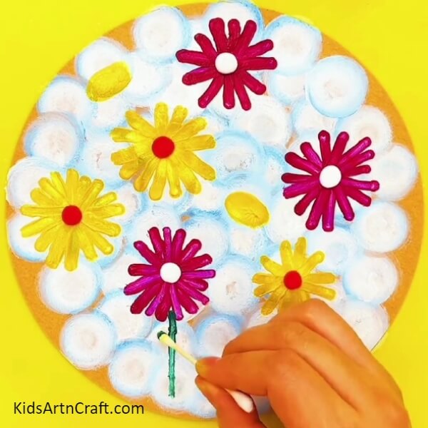 Make Leaves Of The Flowers With Green Acrylic Paint- Splendid Flower Garden Art Composed With Stamps And Cotton Buds