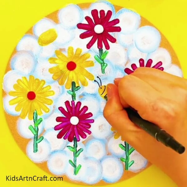 Take A Black Marker And Draw Honey Bees With It- Appealing Flower Garden Art Formed By Stamps And Cotton Swabs