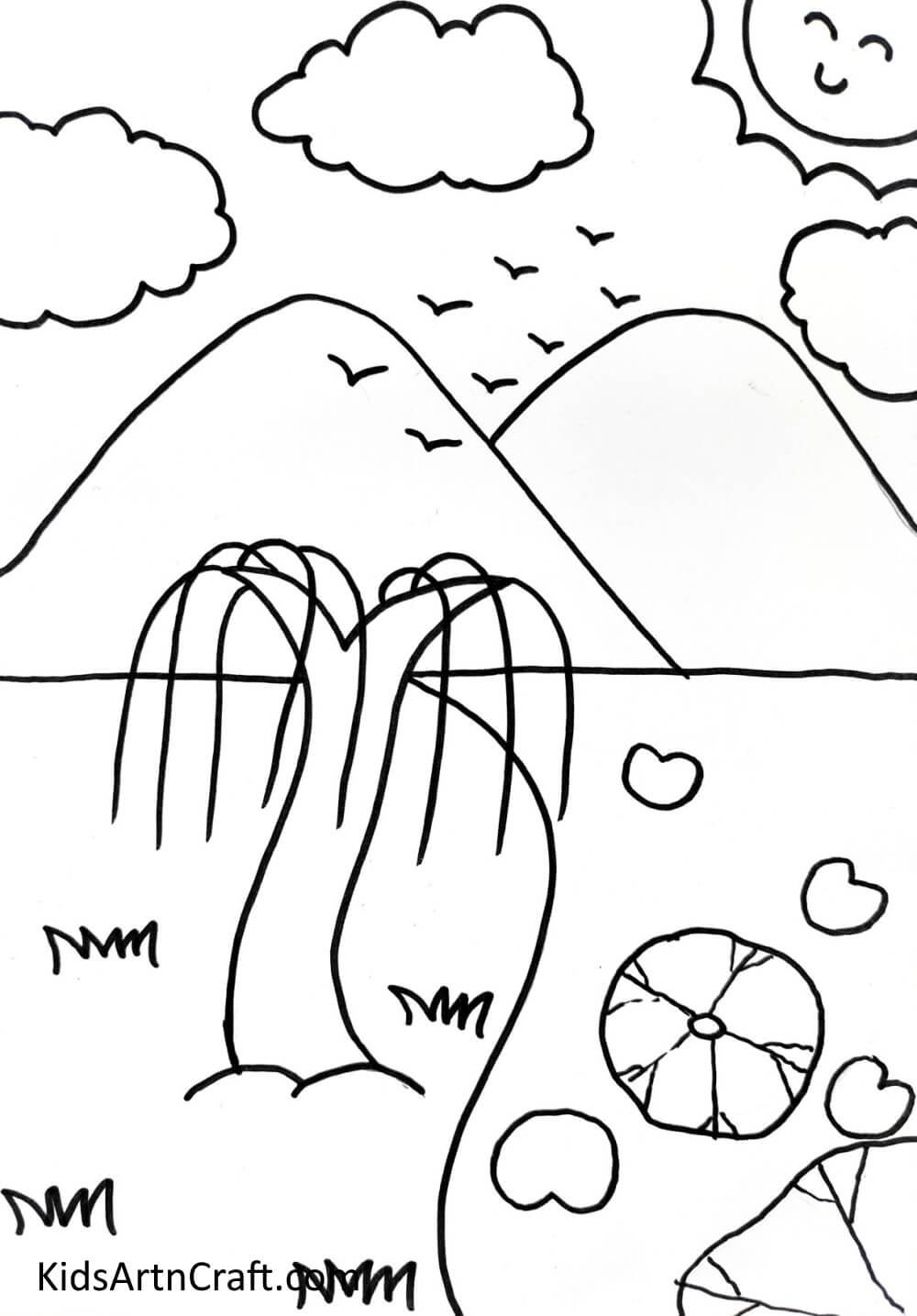 Drawing Mountains, Clouds, Birds And SunGorgeous Hill Rendering and Scene For Toddlers 