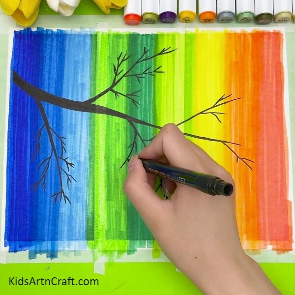 Take The Black Sketch Pen Or Marker And Draw The Branch-Captivating Rainbow Tree Picturesque Through A Window Image For Kids