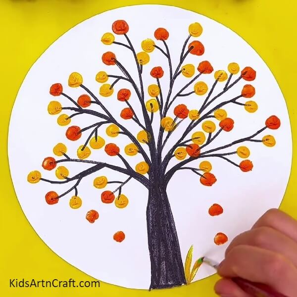 Make grass with Yellow Colour and Paint Brush for looking Beautiful Tree Fingerprint Painting 