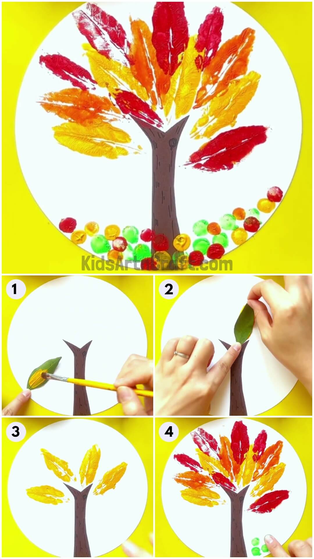 Beautiful Tree Painting Using Leaf Impression Step-by-step Tutorial For Kids