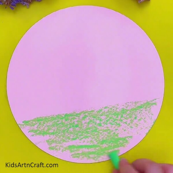 Coloring Green Color On Pink Color Craft Paper- Artistic creation of clay flowery scene for children