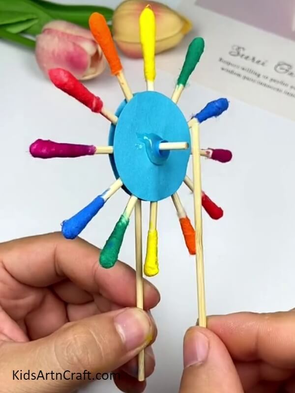 Pasting Another Toothpick - Tutorial for Novices to Create a Colorful Cotton Windmill with Earbuds 