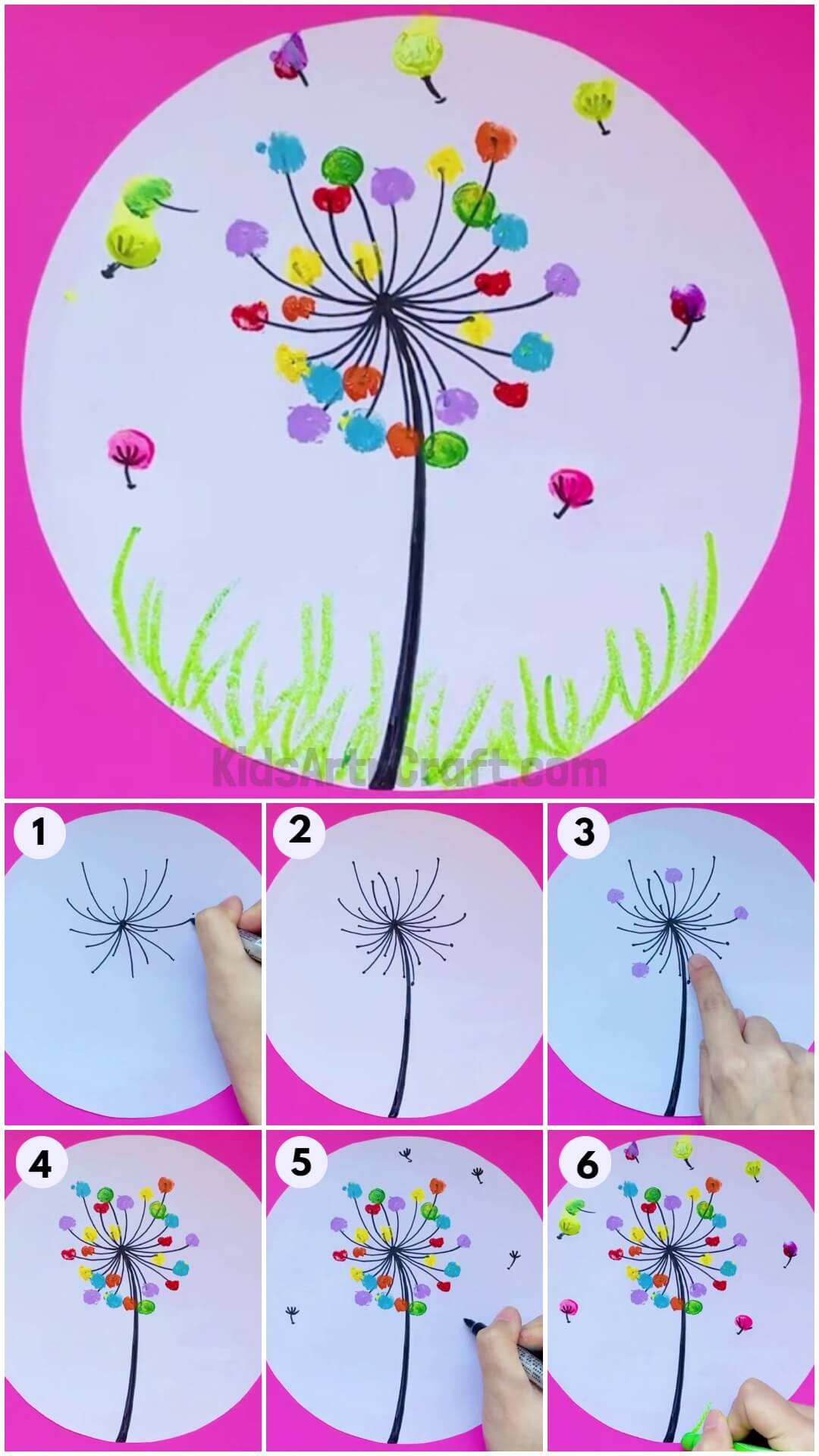 Colorful Dandelion Artwork Step-by-step Tutorial for Kindergartners