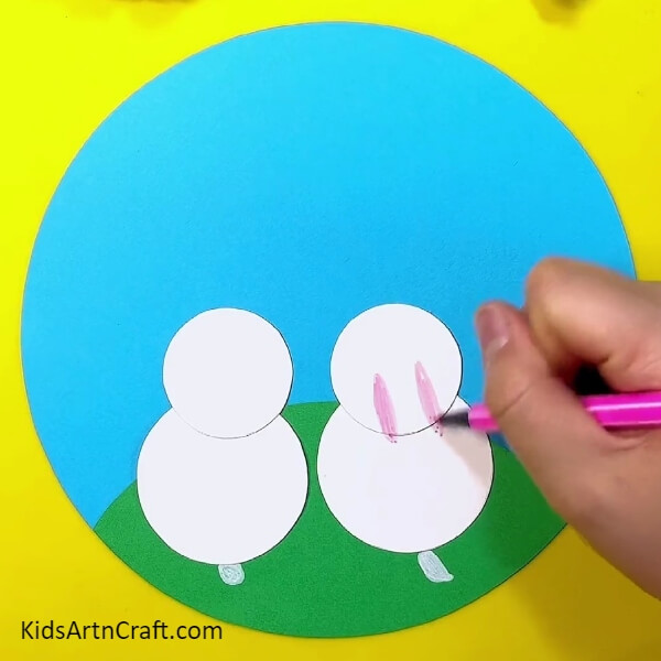 Make thin oval with pink marker/sketchpen- Detailed instructions to make a Cute Bunny Landscape Paper Art 