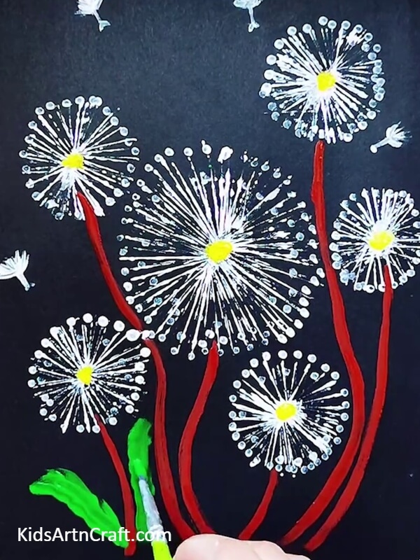 Making leaves with green red paint- Making Beautiful Art with Dandelions - Perfect for Kids