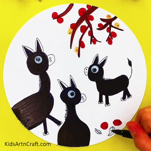 Make some leaves and fuits on the lower portion of the sheet- How to Guide to Building a Donkey Painting Art For Little Ones